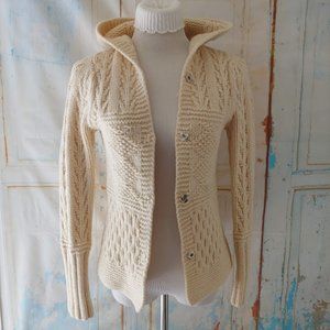 American Eagle hand knit 100% lambs wool hooded cable cardigan sweater/S/cream